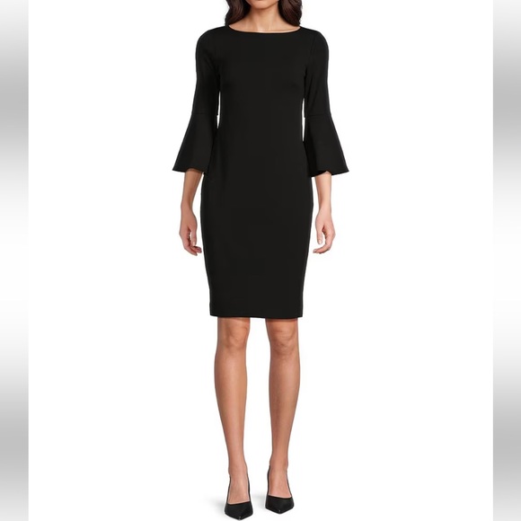 Calvin Klein Boatneck 3/4 Bell-Sleeve Fitted Sheath Dress Knee Length, Black 6 - Picture 2 of 13